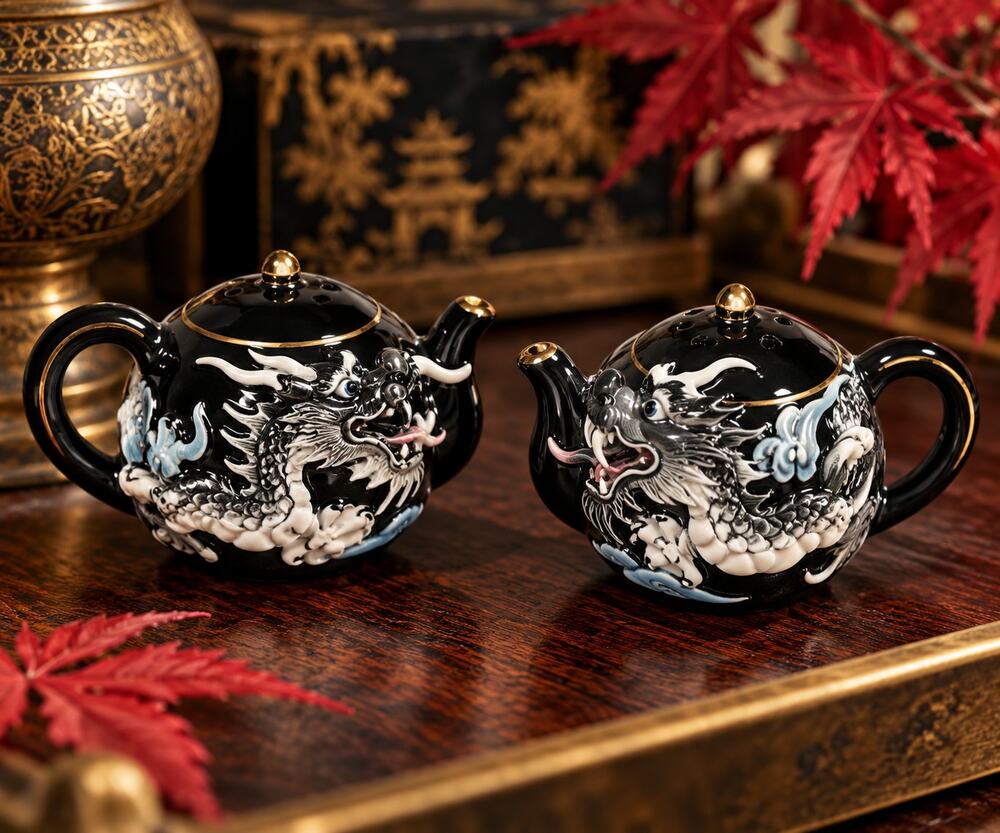Vintage 1950s Japan Moriage Dragonware Teapot Salt Pepper Shakers Black